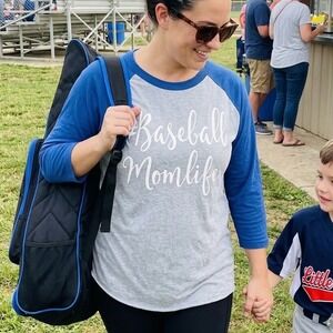 Sport-Tek Womens Baseball Momlife Raglan Tee Blue Grey 3/4 Sleeve Shirt Medium